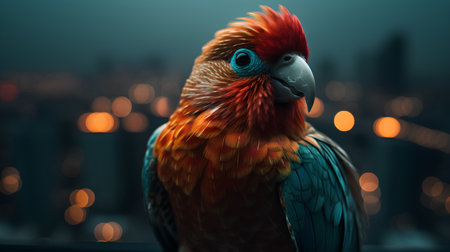 Portrait of a colorful parrot on the background of the city.の素材