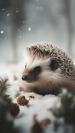 Hedgehog in winter forest with pine cones and snowfall.の素材