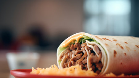 Tortilla wrap with meat, vegetables and cheese on a red plateの素材
