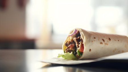 Tortilla wrap with meat, vegetables and cheese on the tableの素材