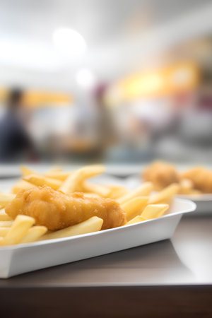 French fries and deep fried chicken nuggets on white plate with blurred backgroundの素材