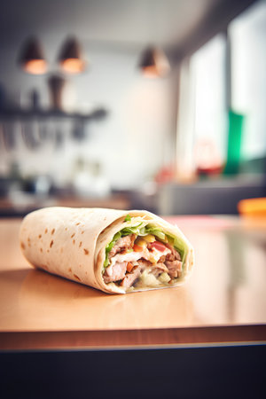 Tortilla with meat and vegetables on a table in a restaurantの素材