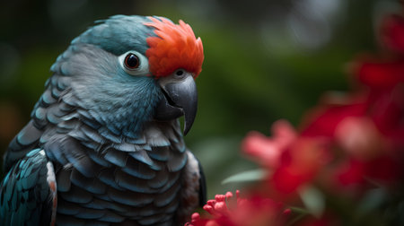 Closeup portrait of a colorful parrot sitting on a red flowerの素材