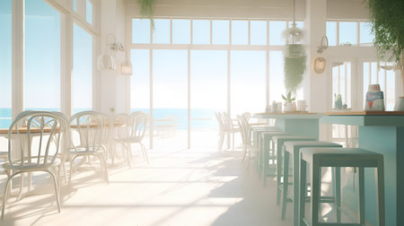 3d rendering of a modern cafe interior design with sea view.の素材
