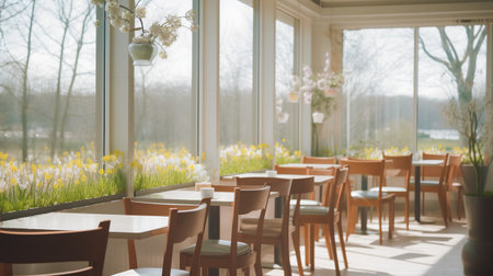 Empty tables and chairs in cafe or restaurant. Beautiful spring flowers.の素材