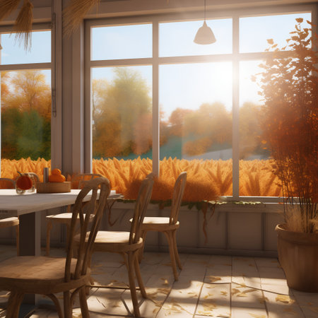 3d render of a rustic dining room with autumn nature viewの素材