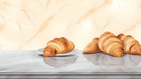 three croissants on a table in front of a marble wallの素材