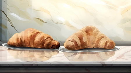Illustration of two croissants on a table in a cafeの素材