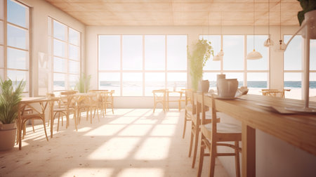 Interior of a modern cafe with a sea view. 3d renderingの素材