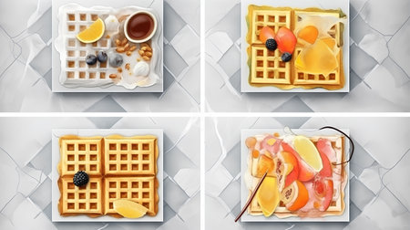 Collage with different types of belgian waffles on white backgroundの素材