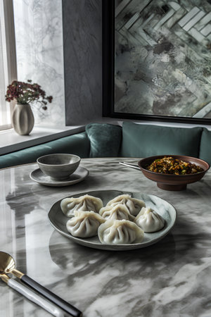 Georgian dumplings khinkali with meat on a plateの素材