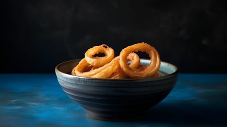 Fried churros in a ceramic bowl on a blue backgroundの素材