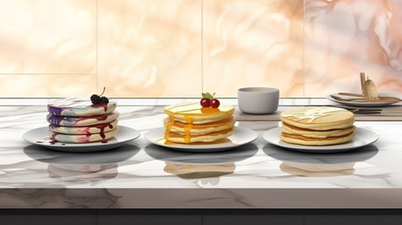 3d rendering of a stack of pancakes on the table in the kitchenの素材