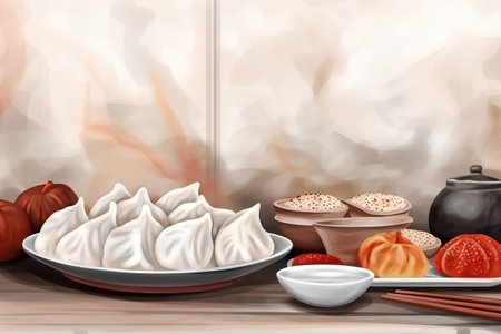 Illustration of steamed dumplings on a wooden table.の素材
