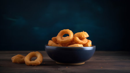 Fried onion rings in a bowl on wooden table. Dark background.の素材
