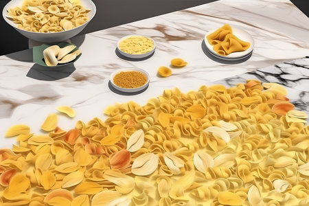 Different types of pasta on a marble background. 3d rendering.の素材