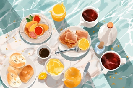 illustration of breakfast in the swimming pool with coffee, orange juice, croissants, jam and croissantの素材