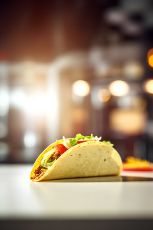 Close up of tasty tacos on table in cafe, shallow depth of fieldの素材