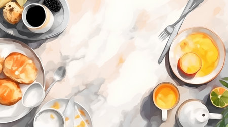 illustration of a set of food on a marble background with space for textの素材