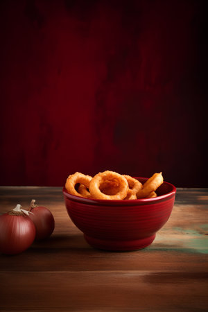 Crispy fried onion rings in red bowl on rustic wooden backgroundの素材