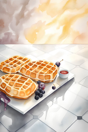Belgian waffles with berries and jam on the table. Watercolor paintingの素材