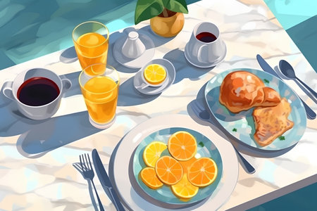 A vector illustration of a breakfast table with fried chicken and orange juiceの素材