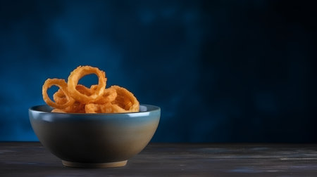 Bowl of deep fried onion rings on dark blue background with copy spaceの素材