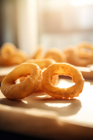 Fried squid rings on a cutting board. Selective focus.の素材