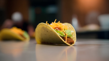 Mexican tacos on a table in a restaurant, shallow depth of fieldの素材