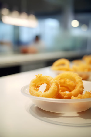 Deep fried squid rings on white plate with blurred background, selective focusの素材
