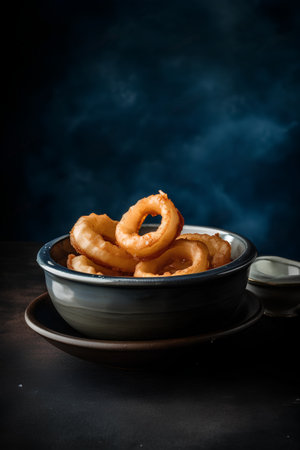 Deep fried onion rings in ceramic bowl on dark background. Toned.の素材
