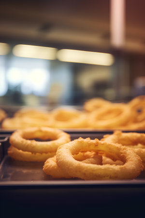 Fried onion rings in a restaurant kitchen. Selective focus.の素材