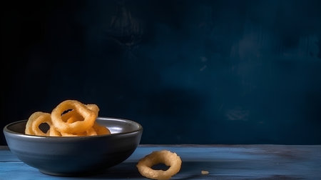 Fried onion rings in a bowl on a blue wooden background.の素材