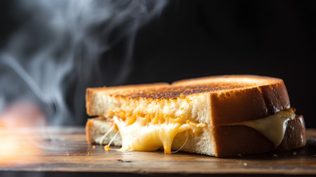 Sandwich with cheese and honey on a wooden table. Black background.の素材