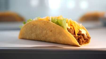 Tasty tacos on table in cafe, closeup. Space for textの素材
