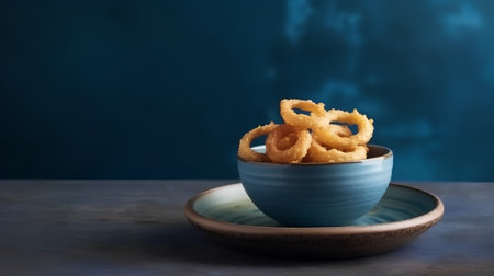 Crispy fried onion rings in blue bowl over dark blue backgroundの素材