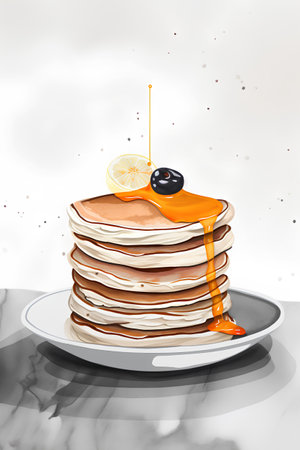 Illustration of a stack of pancakes with honey on a white backgroundの素材