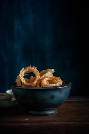 Crispy fried onion rings in bowl on wooden table. Dark backgroundの素材