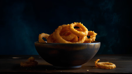 Fried onion rings in a wooden bowl on a dark background.の素材