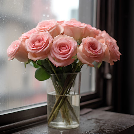 Bouquet of pink roses in a vase on the windowsillの素材