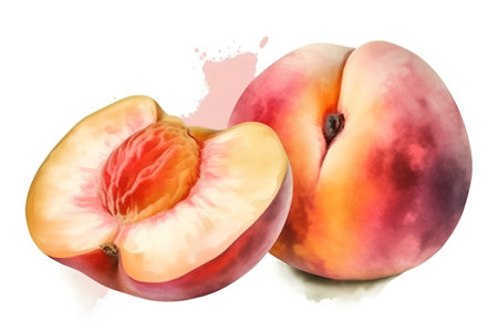 Peach fruit isolated on white background. Watercolor painting. Vector illustration.の素材