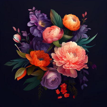 Beautiful bouquet of peony, roses and leaves. Vector illustration.の素材