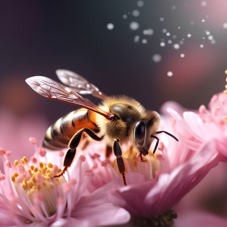 Bee on pink flower. Macro photo of honeybee (Apis mellifera)の素材