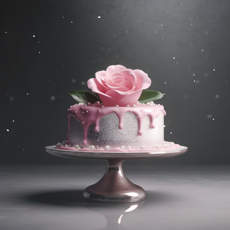 Pink cake with a rose on top, 3d rendering. Computer digital drawing.の素材