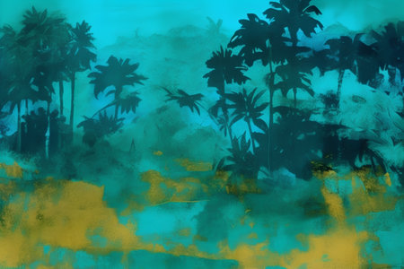 Tropical palm trees silhouettes on grunge watercolor backgroundの素材