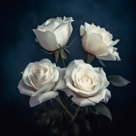 Beautiful white roses on dark blue background. Toned image.の素材