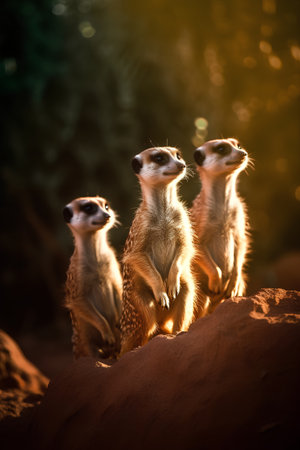 Group of meerkats standing in a row and looking at somethingの素材