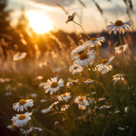 Beautiful daisies in the field at sunset. Summer landscapeの素材