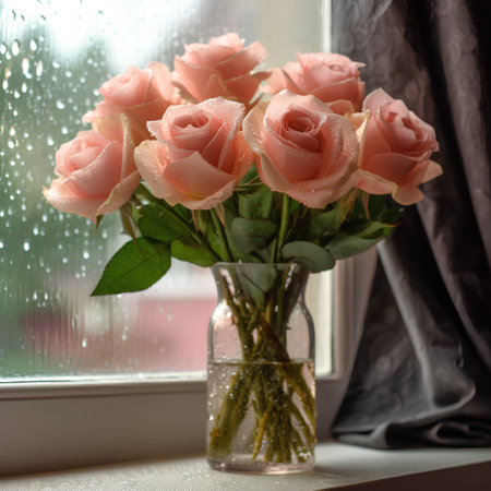 Bouquet of pink roses in a vase on the windowsillの素材