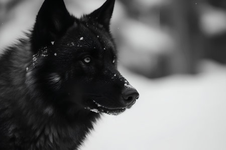 black and white portrait of a dog husky in the winter forestの素材